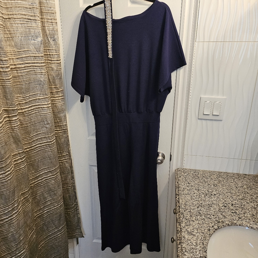 Navy jumpsuit, bling belt